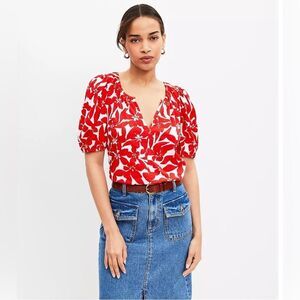 LOFT Plumeria Puff Sleeve Split Neck Top Size XS